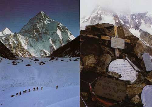 
Left: A caravan of porters works its way along the track leading from Concordia to K2 base camp. Right: Gilkey memorial cross and plaques commemorate those who have died on K2 - Trekking in Himalayas book
